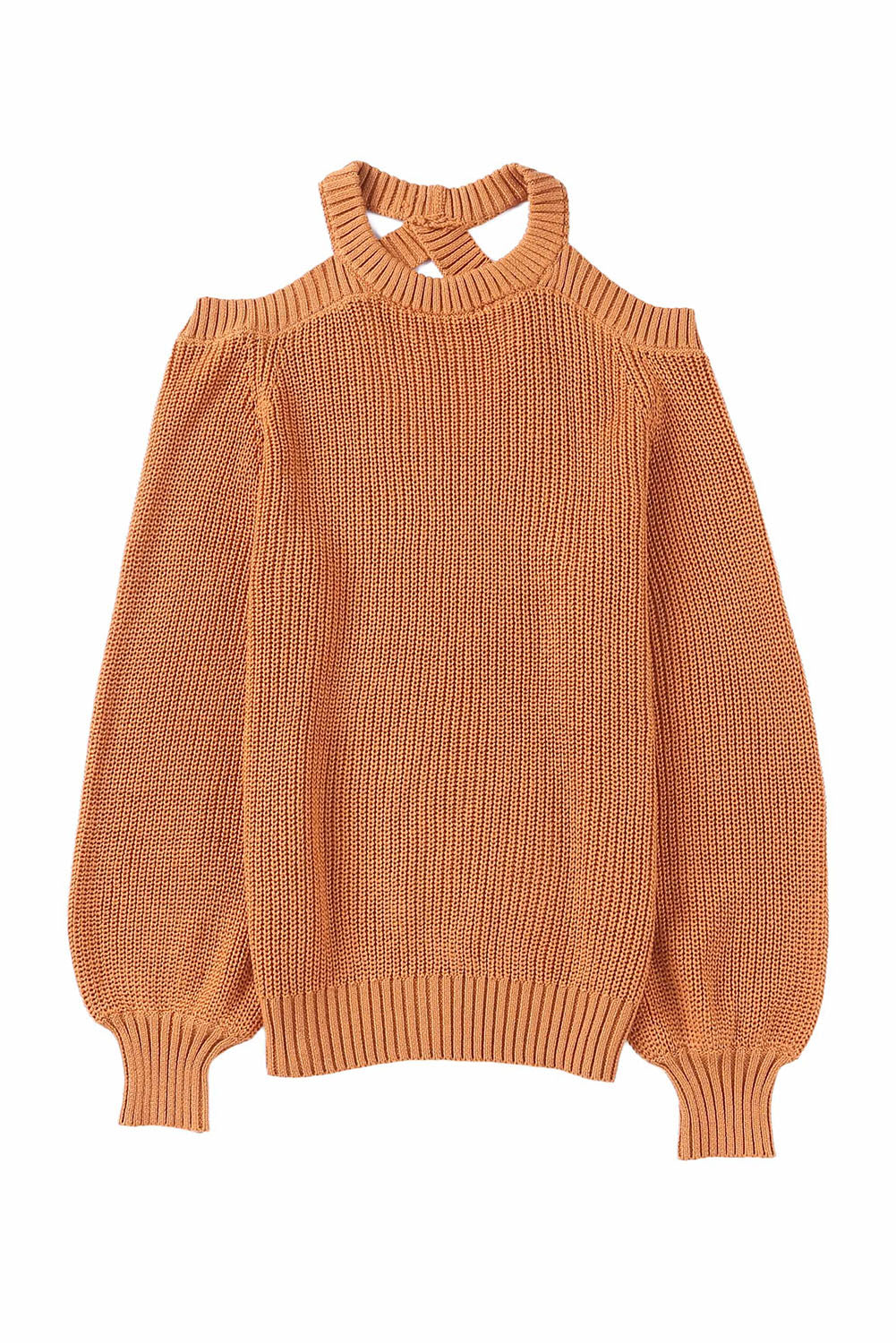 Brown Crew Neck Cold Shoulder Hollow-out Back Sweater