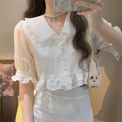 Women's Fashion Bubble Sleeve Doll Collar Shirt Skirt Set