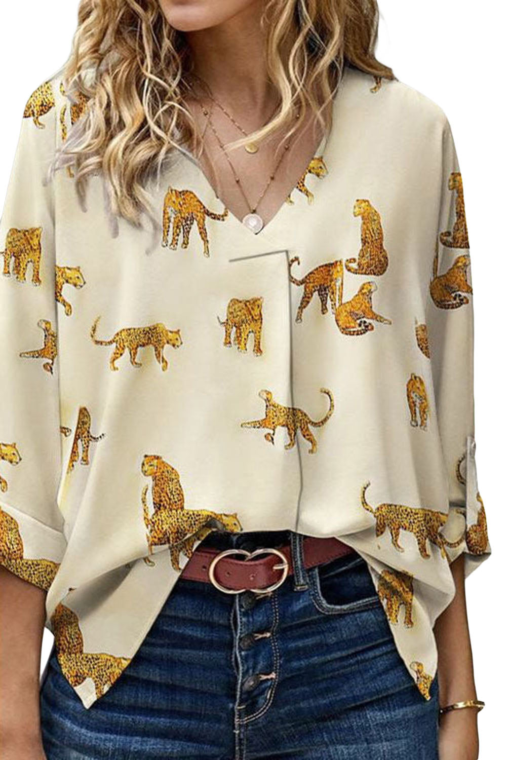 Apricot Cheetah Print Tab Sleeve Loose Fit V Neck Blouse