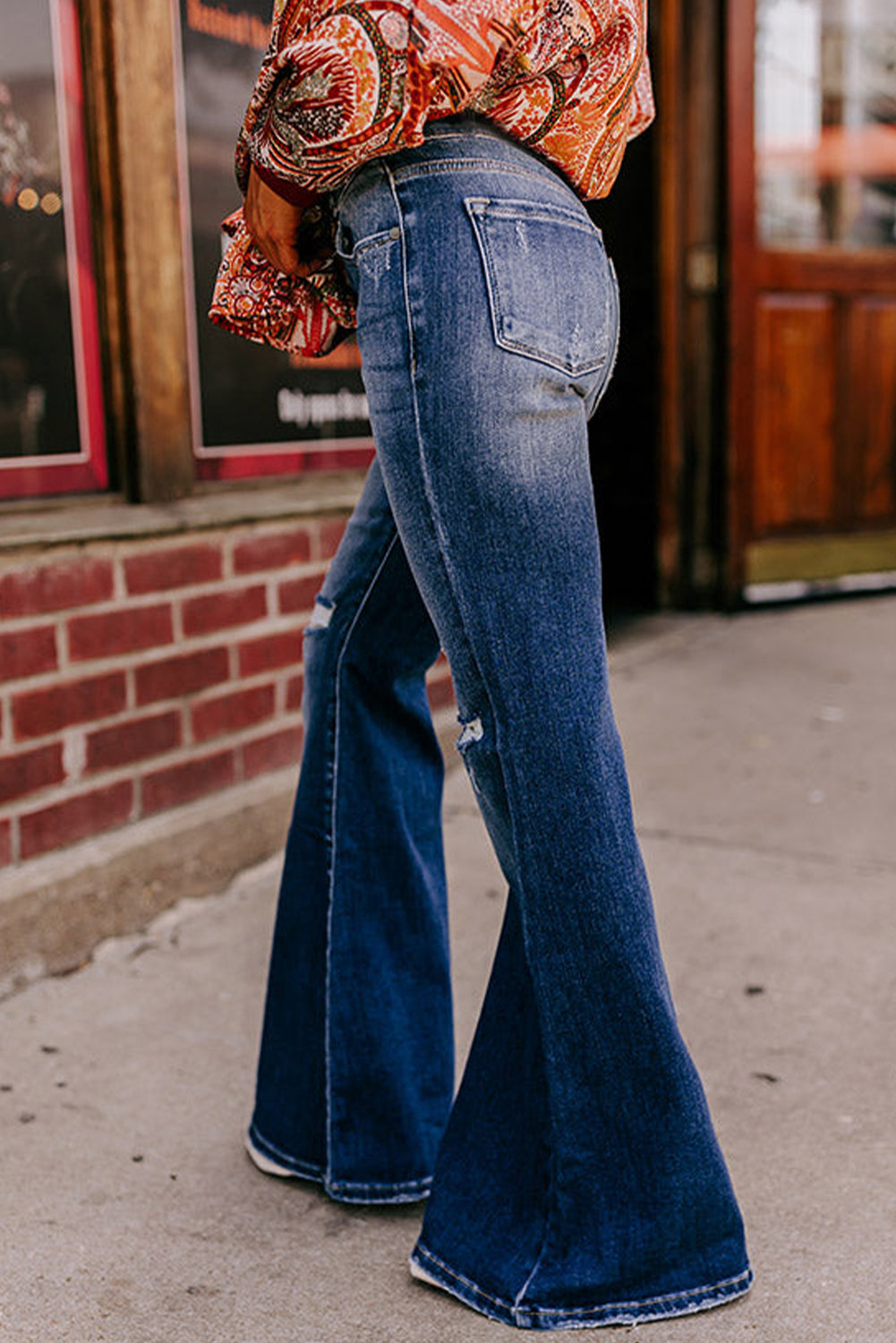 Sky Blue Basic Ripped High Waist Flare Jeans