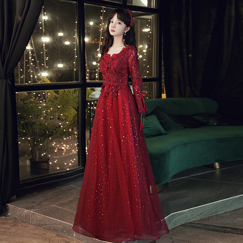 Robe de soirée à manches longues d'été de fiançailles haut de gamme rouge de mariée