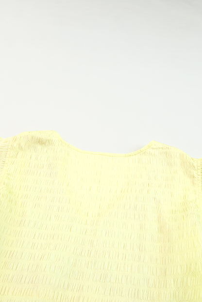 Yellow Geometric Embroidery Ruffles V Neck Textured Top