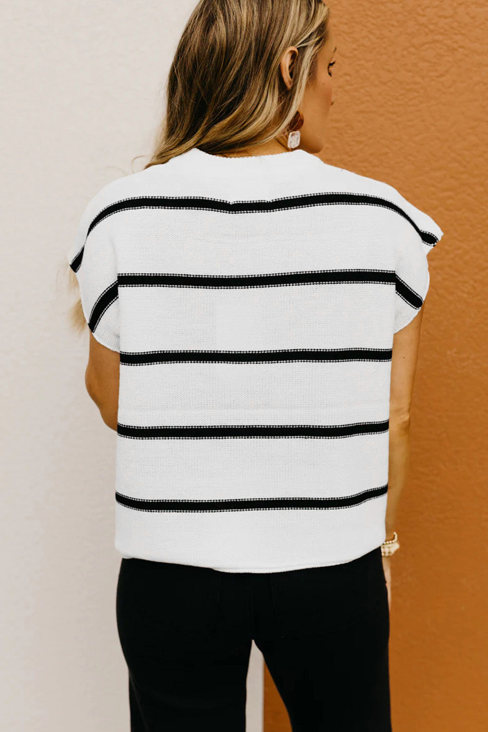 White Striped Center Seamed Short Sleeve Sweater