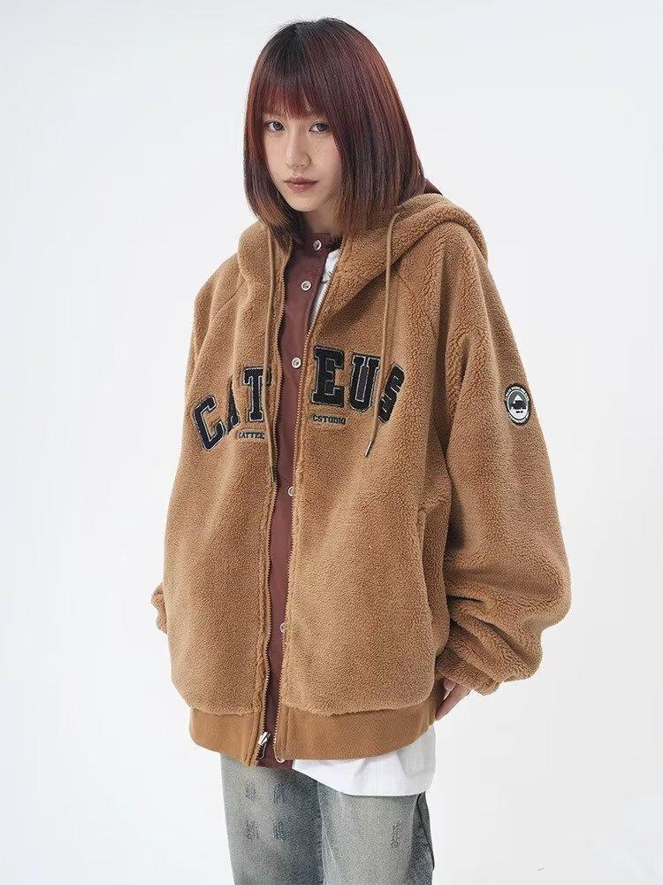 American Retro Embroidery Double-sided Lamb Wool Cotton Jacket