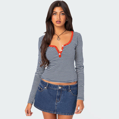 Pull rayé de couleur contrastée T-shirt slim boutonné pour femme