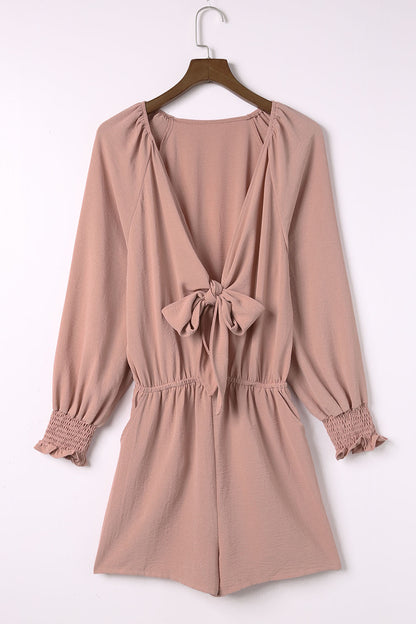 Beige Tie Knot Puff Long Sleeve Romper