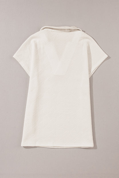 White Textured V Neck Collared Split Hem T Shirt