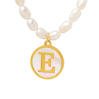 18K gold exquisite and noble pearl chain with round inlaid gemstones and 26 English letters design necklace