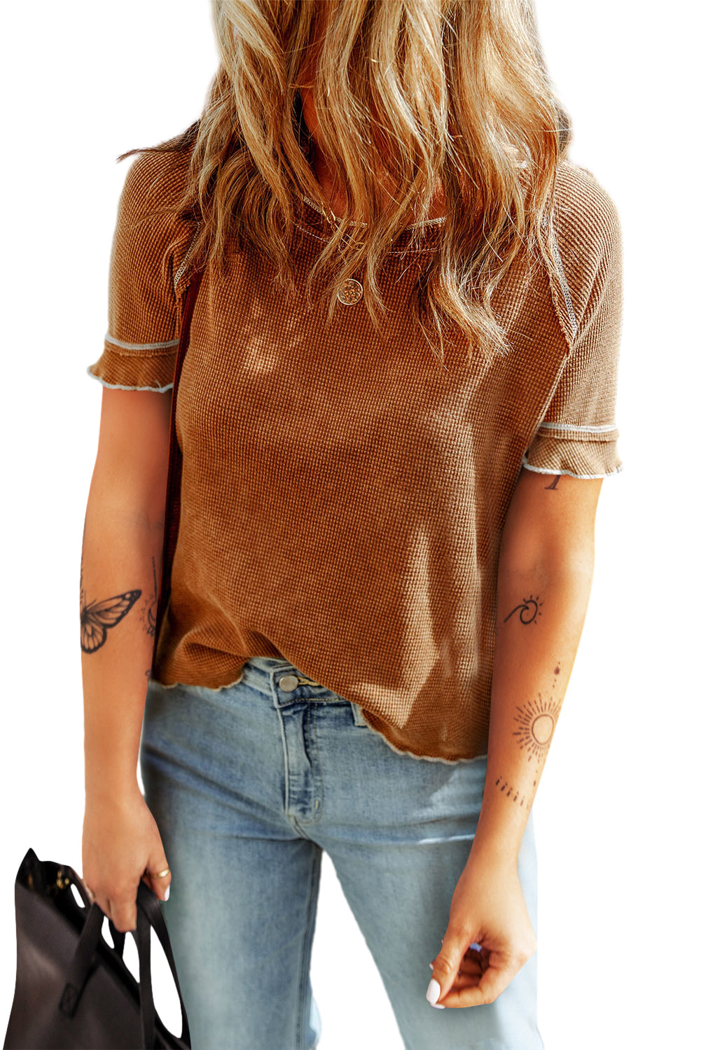 Chestnut Textured Contrast Seam Ruffle Cuffs T-shirt