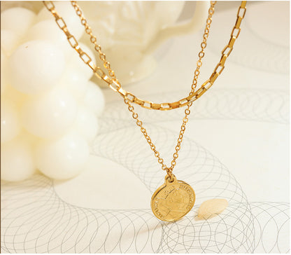 18K Gold Light Luxury Exquisite Coin Double Layer Design Necklace