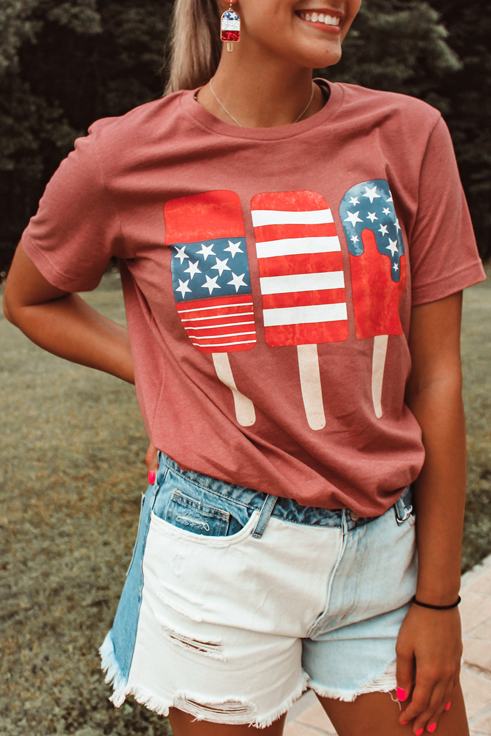 Red American Flag Popsicles Patterned Crew Neck Patriotic T Shirt