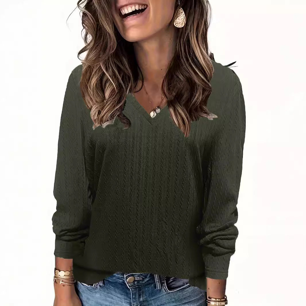 V-neck Loose Sunken Stripe Long-sleeved T-shirt Top