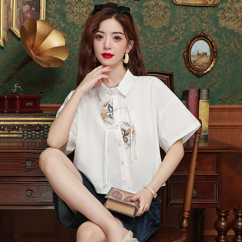 Women's Summer Loose Chinese Style Embroidery Short Shirt Top