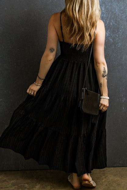 Black Smocked Pleated Sleeveless Flared Maxi Dress