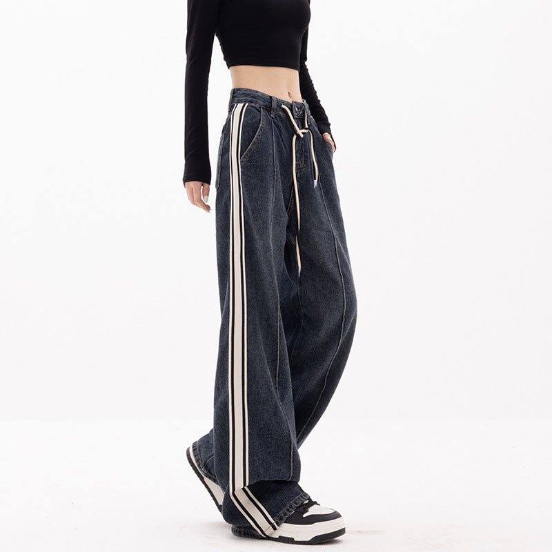 Women's Straight Striped Loose Wide-leg Jeans