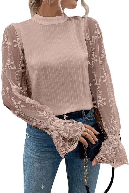 White Textured Contrast Lace Sleeve Mock Neck Blouse