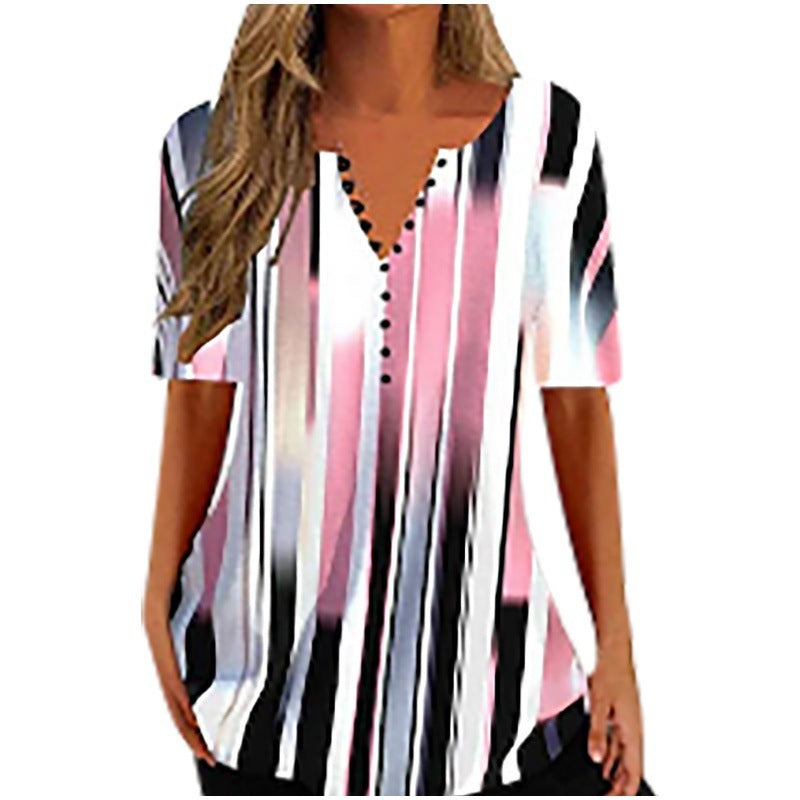 Women's Digital Printed V-neck Button Short-sleeved Top