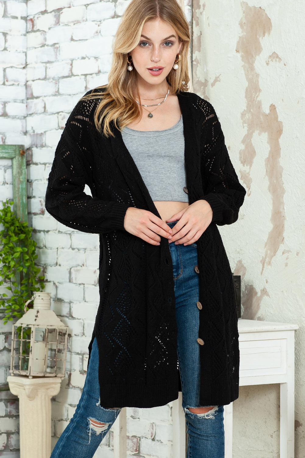 Cardigan long ample boutonné kaki ajouré