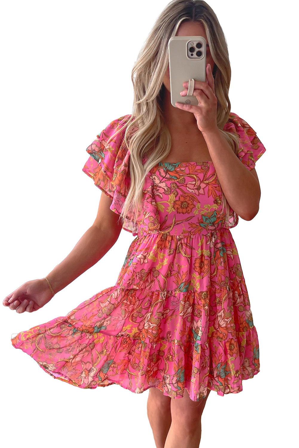 Pink Floral Print Square Neck Ruffle Sleeve Tiered Dress