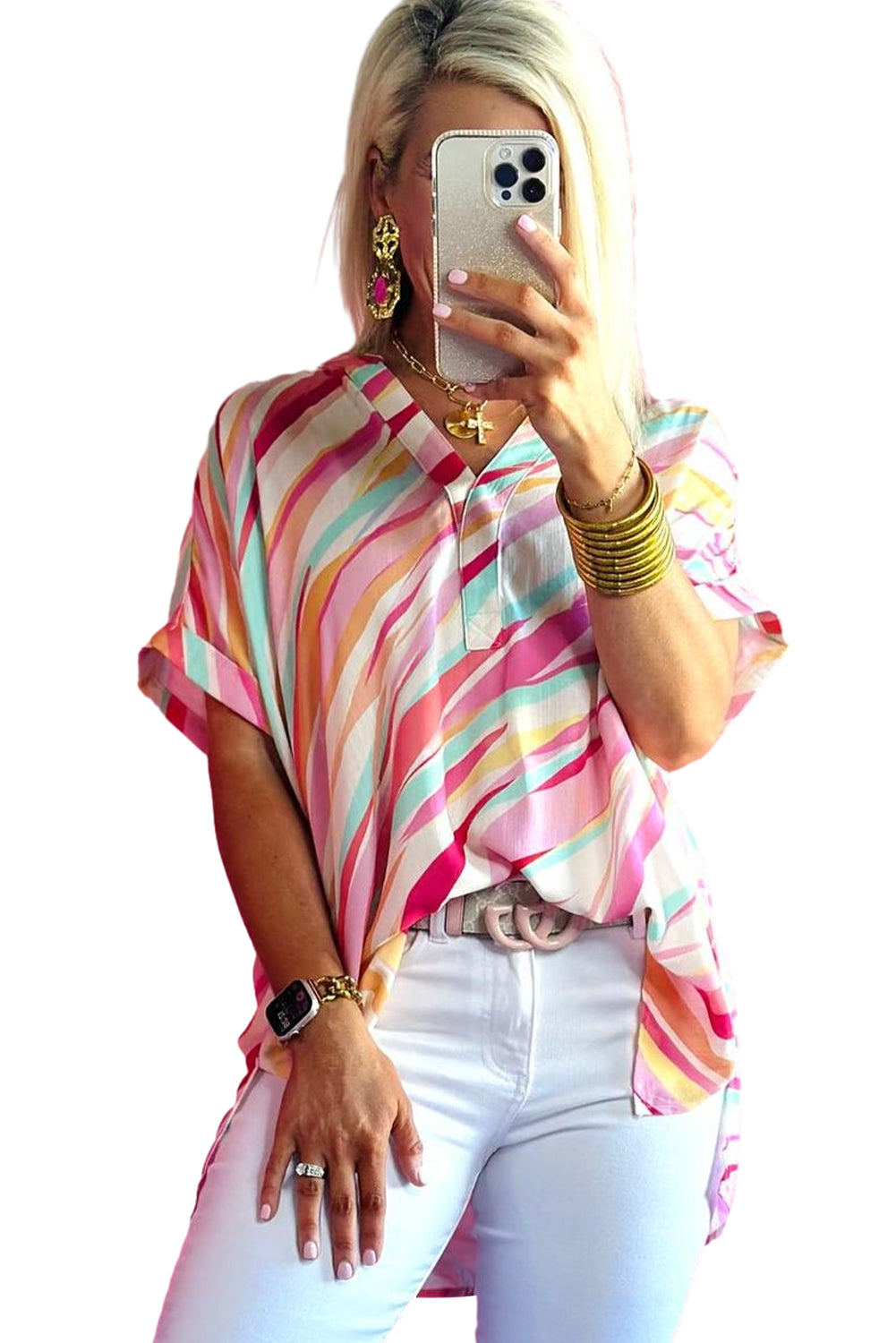 Multicolour Abstract Print High Low Blouse