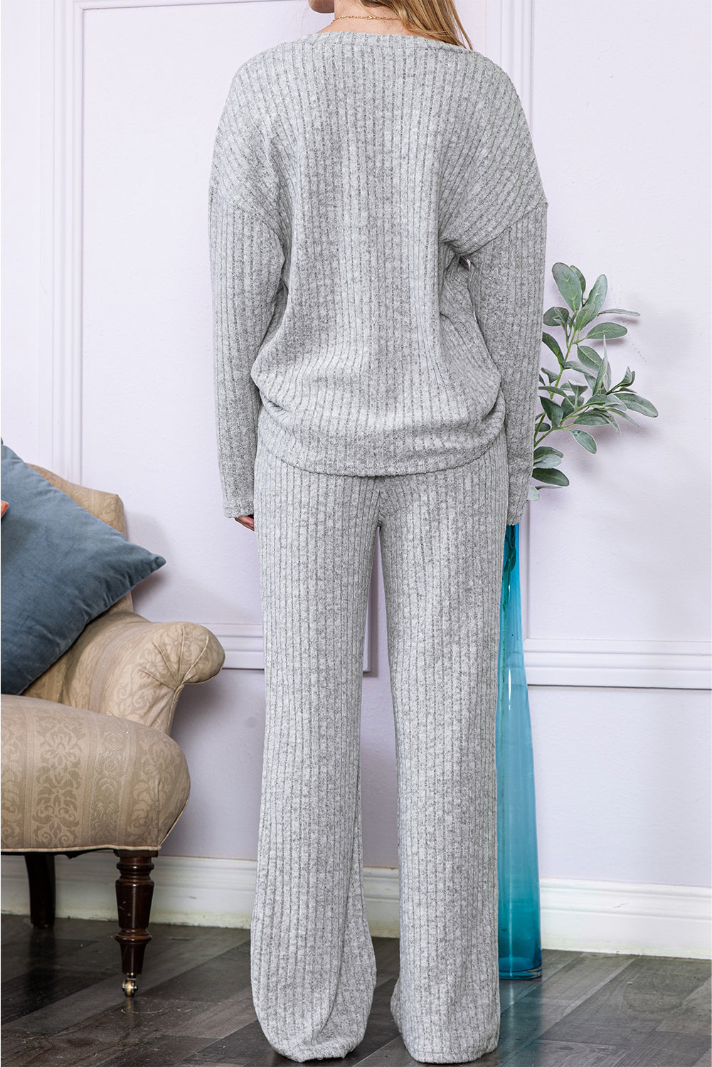 Ensemble haut et pantalon en tricot côtelé ample gris clair à col en V