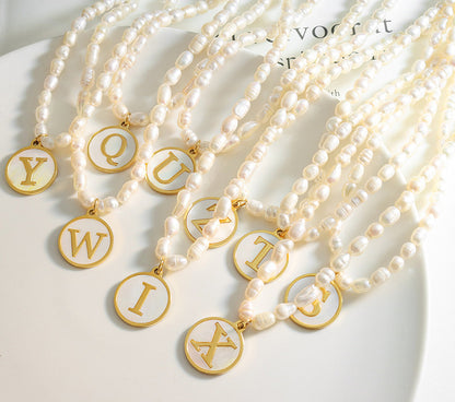 18K gold exquisite and noble pearl chain with round inlaid gemstones and 26 English letters design necklace