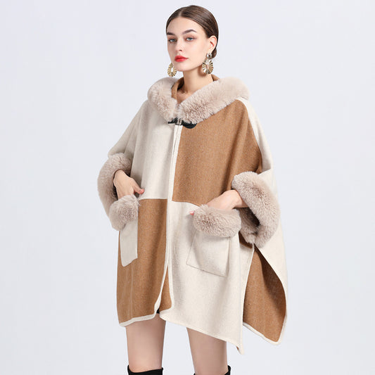 Manteau Cape châle à col en fourrure pour femmes, nouvelle collection automne et hiver