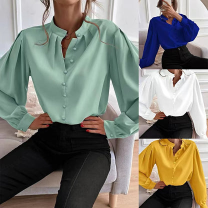 Chemise pour femme à simple boutonnage, couleur unie, col rond, manches longues