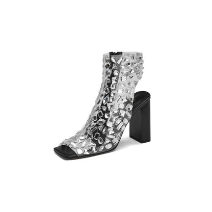 Bottes sandales d'été creuses à talons hauts avec strass de grande taille pour femmes