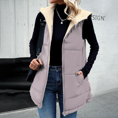 Gilet d'hiver pour femme, ample, mi-long, à capuche, en coton, avec poches, à la mode, chaud, fermeture éclair, manteau moelleux, vêtements d'extérieur