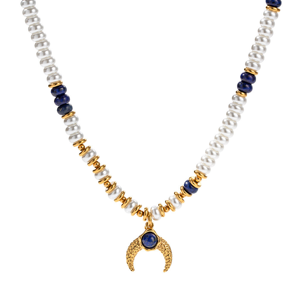 18K Gold Exquisite Fashion Pearl Lapis Lazuli Matching Moon Design Versatile Pendant Necklace