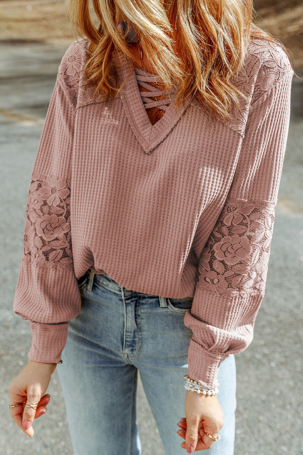 Apricot Lace Waffle Patchwork Strappy V Neck Long Sleeve Top