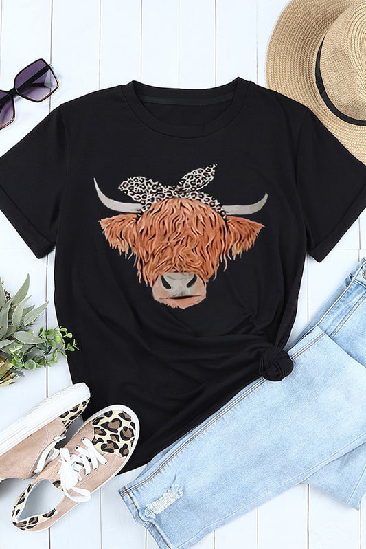 Chemise Cowgirl noire T-shirt graphique à manches courtes et col rond