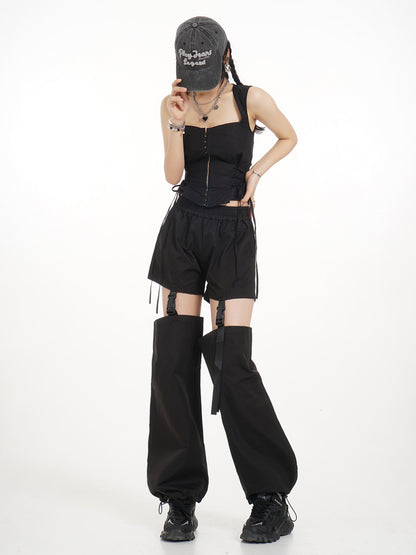 Black Thigh Hollowed Out Casual Women's Summer Detachable High Waisted Dance Pants With Holes