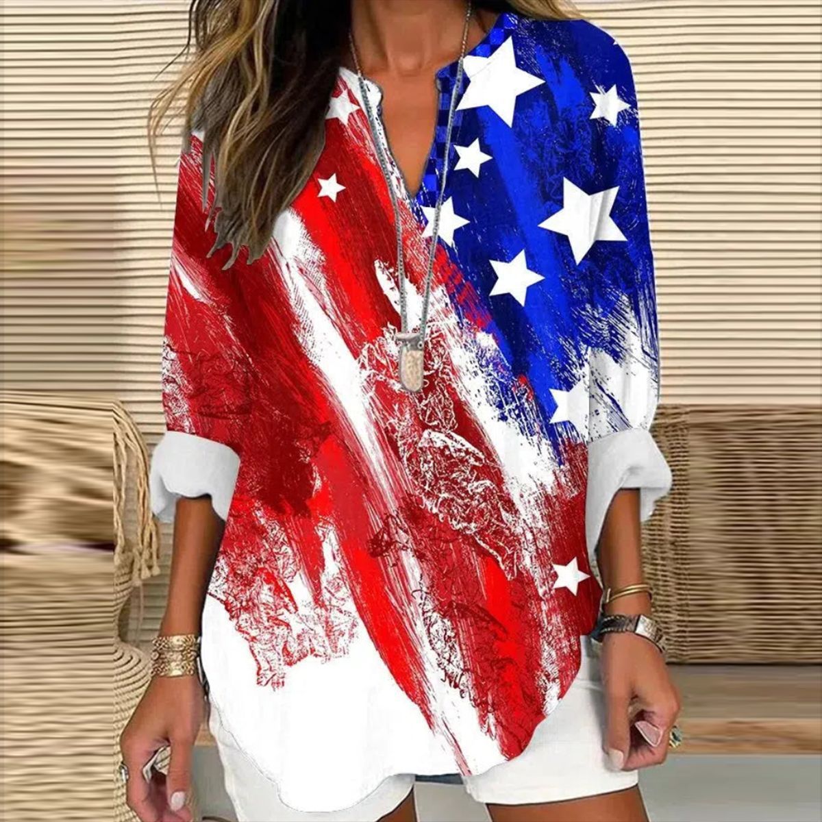 Small V-neck Long Sleeve Independence Day Floral Simple Casual Elegant T-shirt Long Sleeve