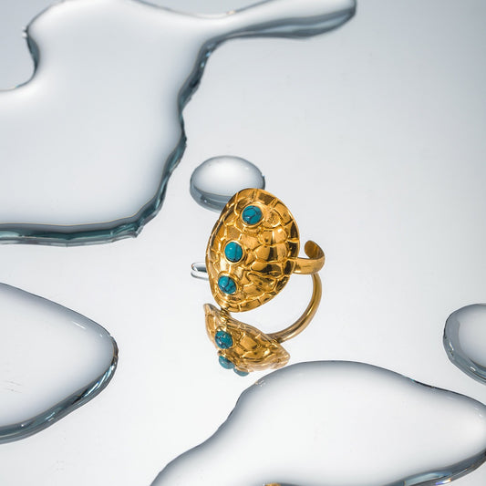 Bague ouverte en or 18 carats, noble et élégante, incrustée d'écailles de tortue, design turquoise