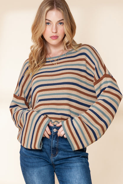 Gray Stripe Knitted Drop Sleeve Cropped Loose Sweater