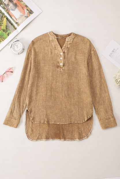 Brown Loose Crinkle Button V Neck Henley Top