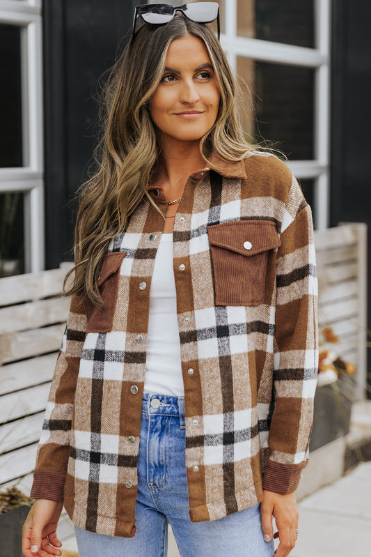 Veste-chemise à carreaux boutonnée et avec poches marron