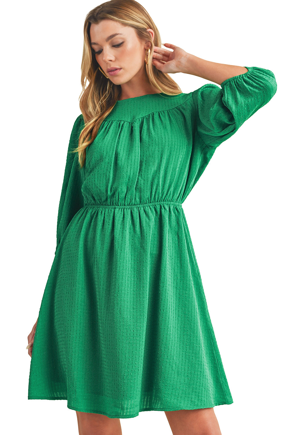 Mini-robe de couleur unie à col rond et manches bouffantes vert foncé