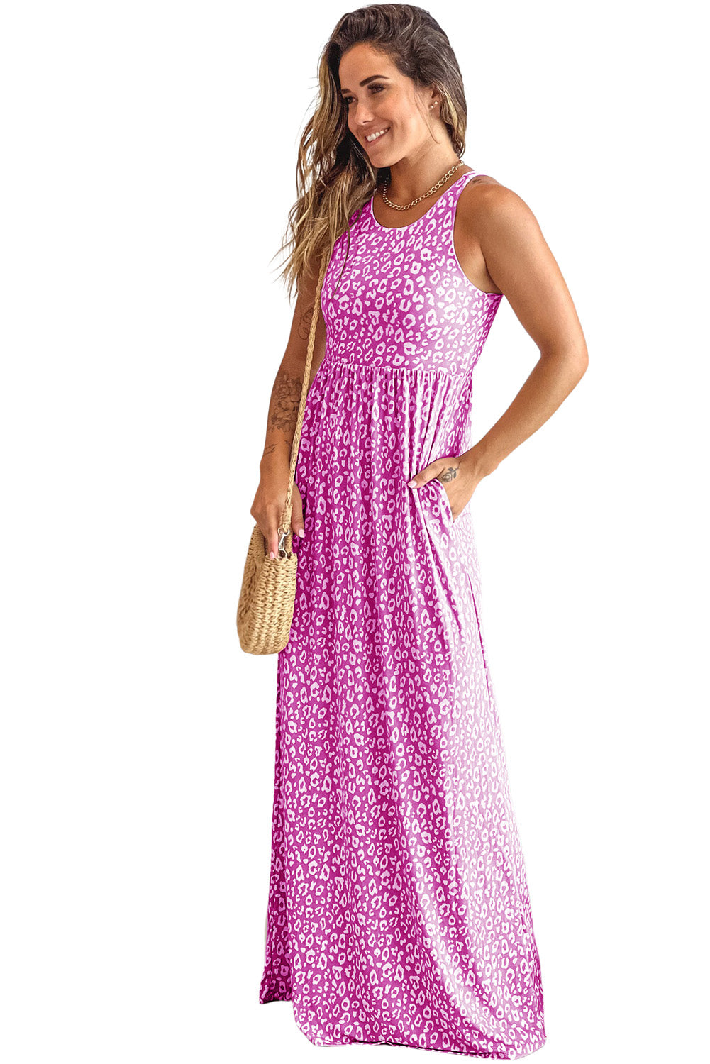 Rosafarbenes Maxi-Tanktopkleid mit Leopardentaschen