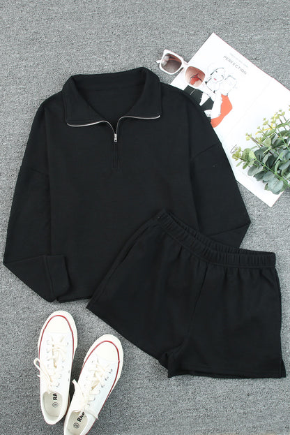 Graues Set aus geripptem Sweatshirt mit Reißverschluss und Shorts mit hoher Taille