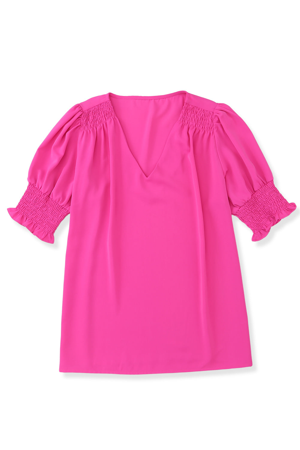 Rose Solid V Neck Smocked Puff Sleeve Blouse