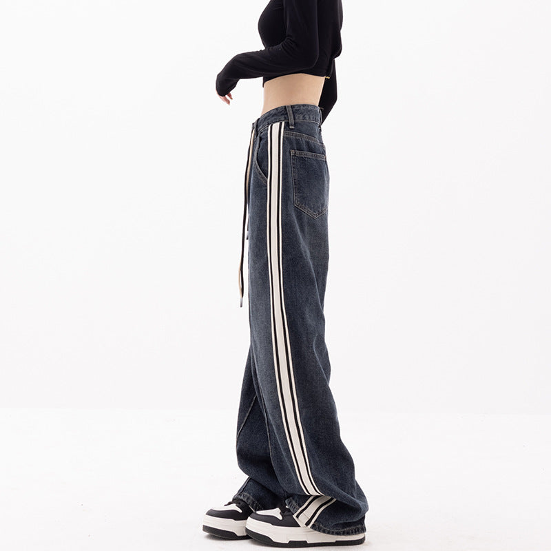 Women's Straight Striped Loose Wide-leg Jeans