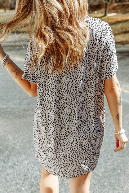 Cheetah Print Casual Side Pockets Short Sleeve Tunic Top