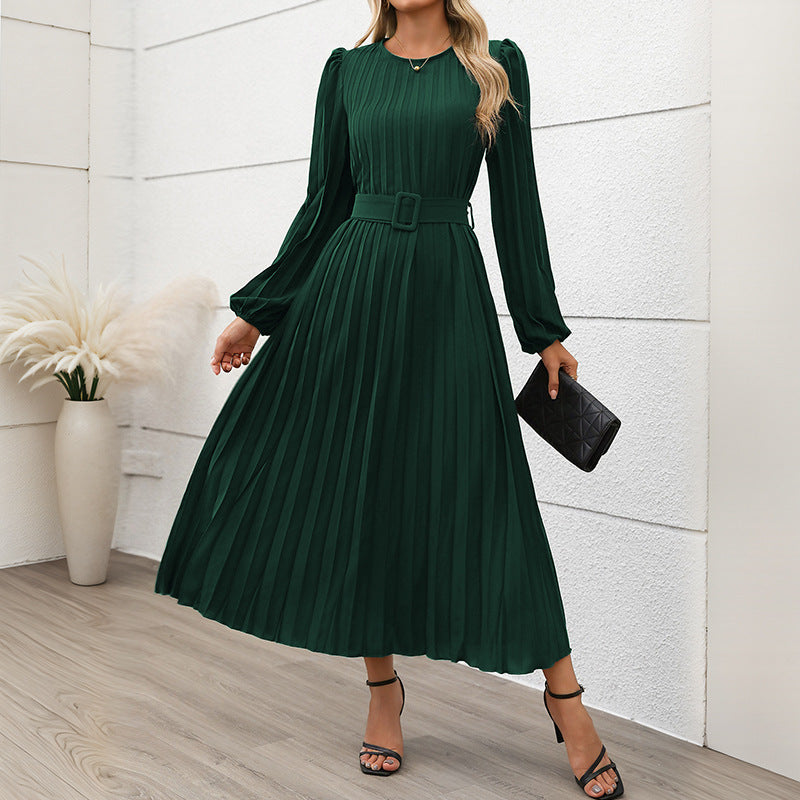 Women's Dress Long Sleeve Pleated Round Neck