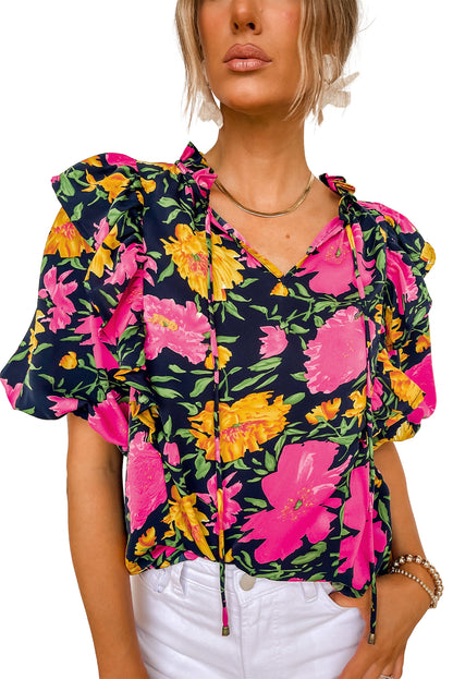 Rose Red Floral Bubble Sleeve V Neck Ruffled Blouse