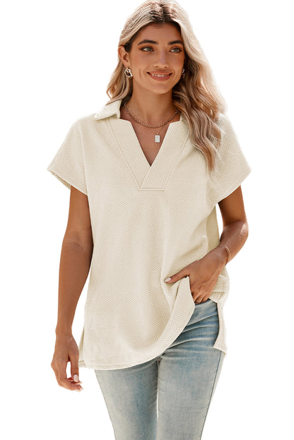 White Textured V Neck Collared Split Hem T Shirt