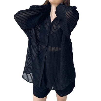 Women's Summer Casual Long-sleeved Texture Shirt Long Sleeve Shorts Two-piece Set