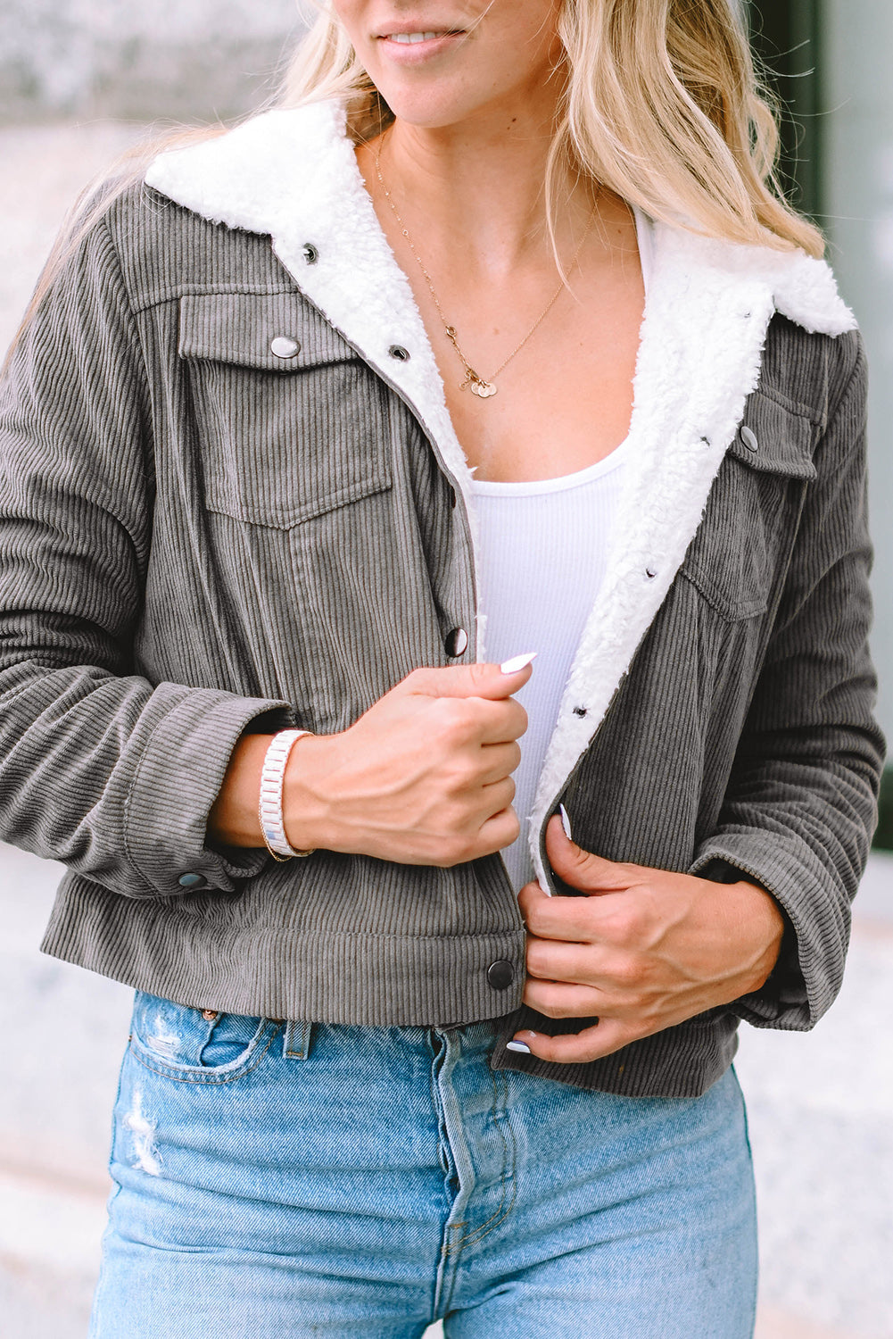 Gray Corduroy Sherpa Snap Button Flap Jacket